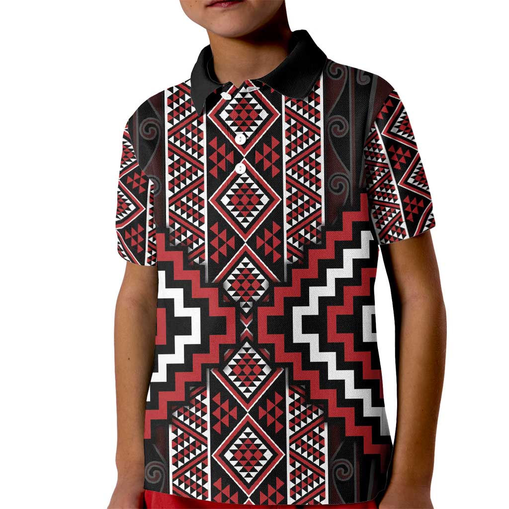 Red Tukutuku Pattern Aotearoa Kid Polo Shirt Niho Taniwha and Puhoro Motifs LT7 Kid Red - Polynesian Pride
