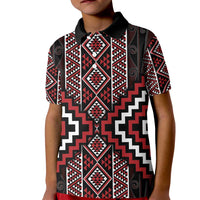 Red Tukutuku Pattern Aotearoa Kid Polo Shirt Niho Taniwha and Puhoro Motifs