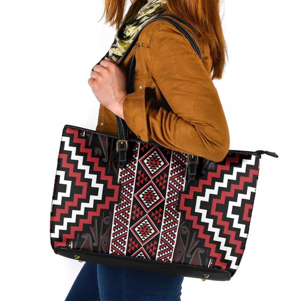 Red Tukutuku Pattern Aotearoa Leather Tote Bag Niho Taniwha and Puhoro Motifs
