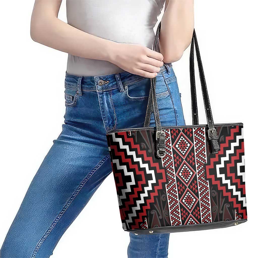 Red Tukutuku Pattern Aotearoa Leather Tote Bag Niho Taniwha and Puhoro Motifs