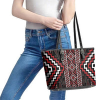 Red Tukutuku Pattern Aotearoa Leather Tote Bag Niho Taniwha and Puhoro Motifs