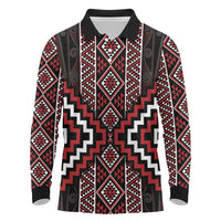 Red Tukutuku Pattern Aotearoa Long Sleeve Polo Shirt Niho Taniwha and Puhoro Motifs