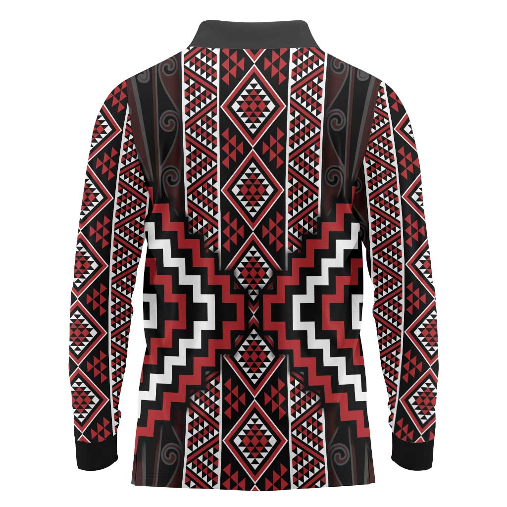 Red Tukutuku Pattern Aotearoa Long Sleeve Polo Shirt Niho Taniwha and Puhoro Motifs