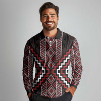 Red Tukutuku Pattern Aotearoa Long Sleeve Polo Shirt Niho Taniwha and Puhoro Motifs