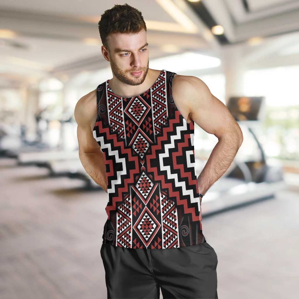 Red Tukutuku Pattern Aotearoa Men Tank Top Niho Taniwha and Puhoro Motifs