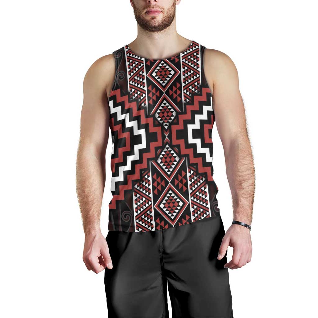 Red Tukutuku Pattern Aotearoa Men Tank Top Niho Taniwha and Puhoro Motifs