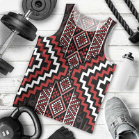 Red Tukutuku Pattern Aotearoa Men Tank Top Niho Taniwha and Puhoro Motifs