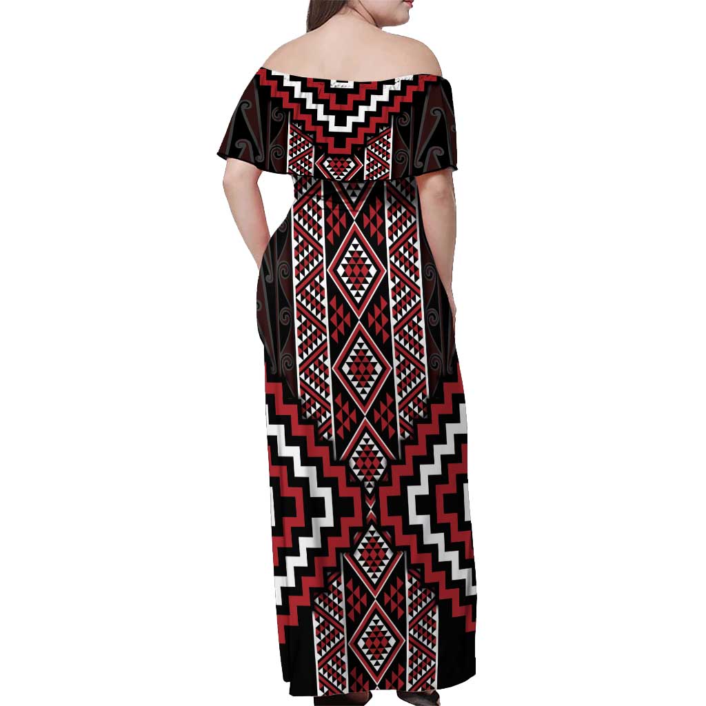 Red Tukutuku Pattern Aotearoa Off Shoulder Maxi Dress Niho Taniwha and Puhoro Motifs LT7 - Polynesian Pride
