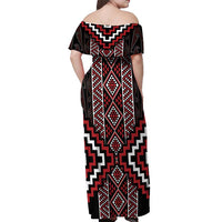 Red Tukutuku Pattern Aotearoa Off Shoulder Maxi Dress Niho Taniwha and Puhoro Motifs LT7 - Polynesian Pride