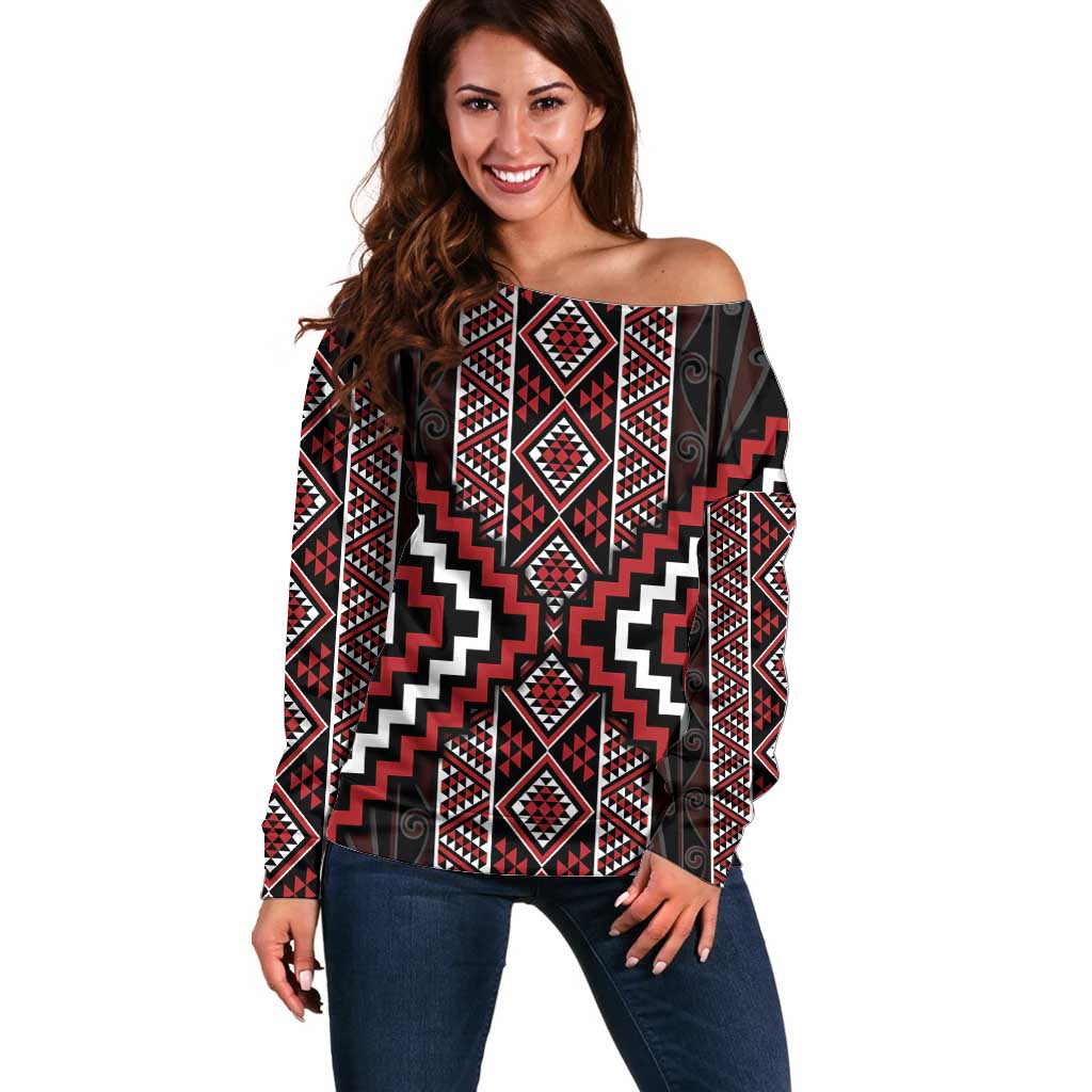 Red Tukutuku Pattern Aotearoa Off Shoulder Sweater Niho Taniwha and Puhoro Motifs LT7 Women Red - Polynesian Pride