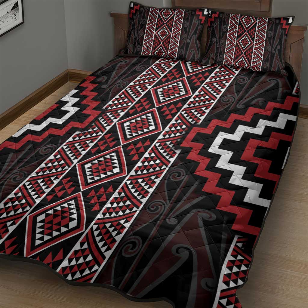 Red Tukutuku Pattern Aotearoa Quilt Bed Set Niho Taniwha and Puhoro Motifs