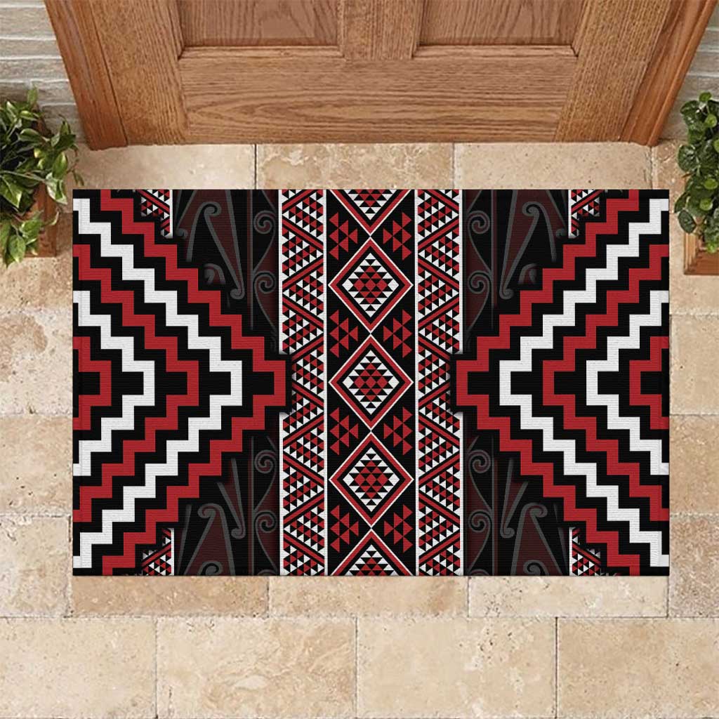 Red Tukutuku Pattern Aotearoa Rubber Doormat Niho Taniwha and Puhoro Motifs