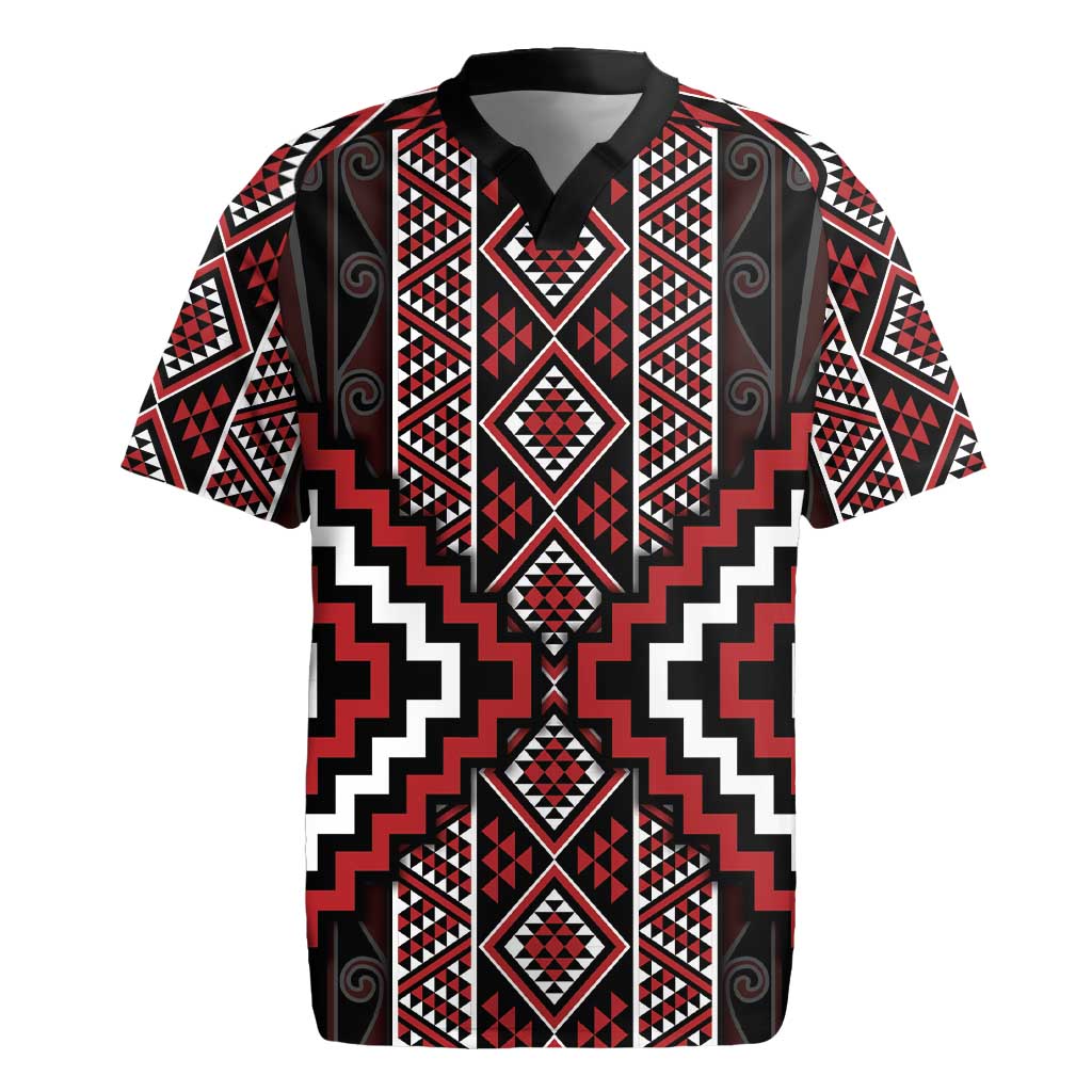 Red Tukutuku Pattern Aotearoa Rugby Jersey Niho Taniwha and Puhoro Motifs