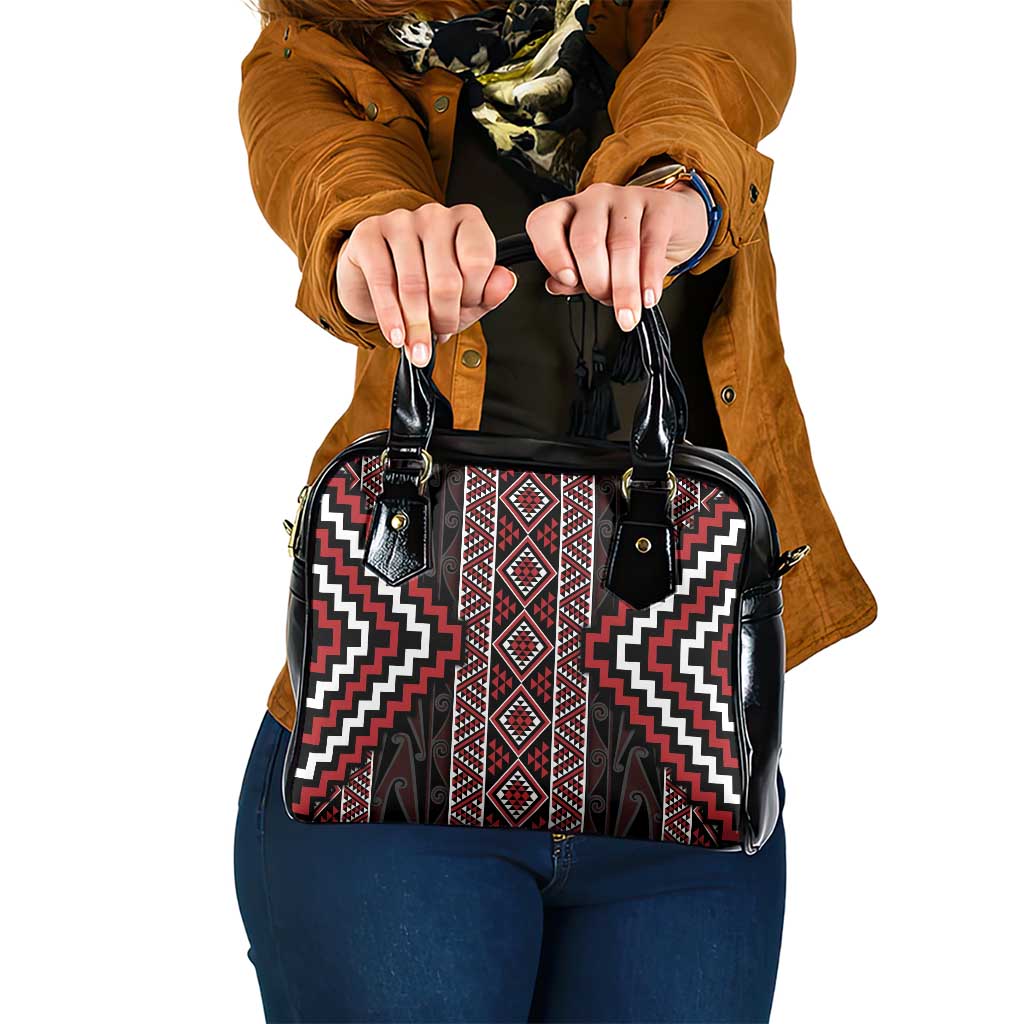 Red Tukutuku Pattern Aotearoa Shoulder Handbag Niho Taniwha and Puhoro Motifs LT7 One Size Red - Polynesian Pride