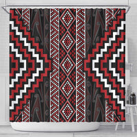 Red Tukutuku Pattern Aotearoa Shower Curtain Niho Taniwha and Puhoro Motifs