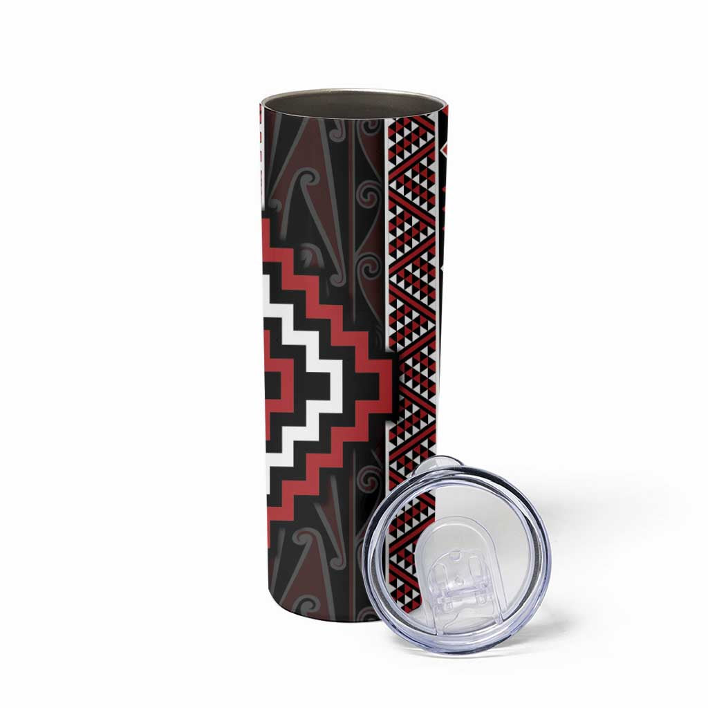 Red Tukutuku Pattern Aotearoa Skinny Tumbler Niho Taniwha and Puhoro Motifs