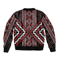 Red Tukutuku Pattern Aotearoa Sleeve Zip Bomber Jacket Niho Taniwha and Puhoro Motifs