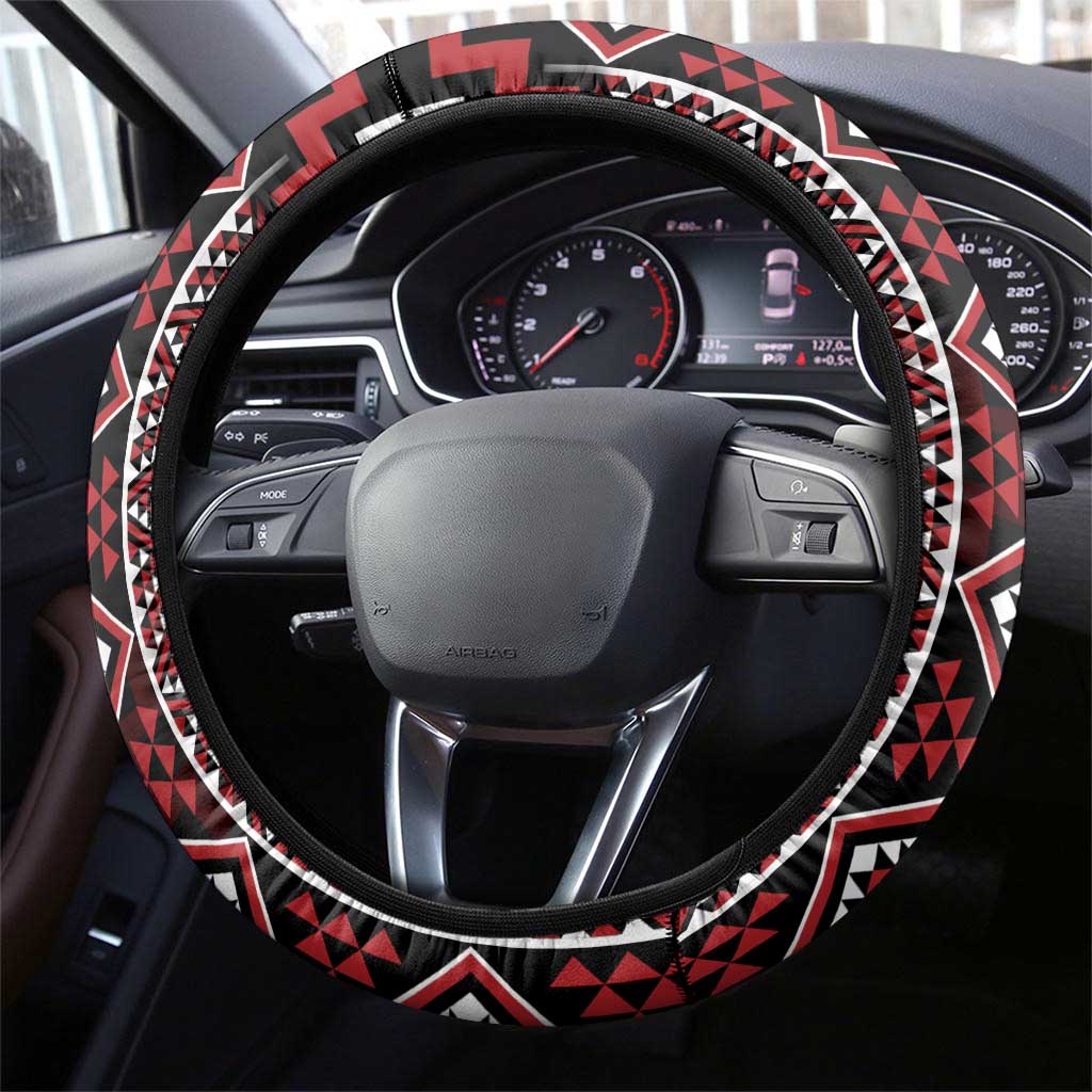 Red Tukutuku Pattern Aotearoa Steering Wheel Cover Niho Taniwha and Puhoro Motifs LT7 - Polynesian Pride