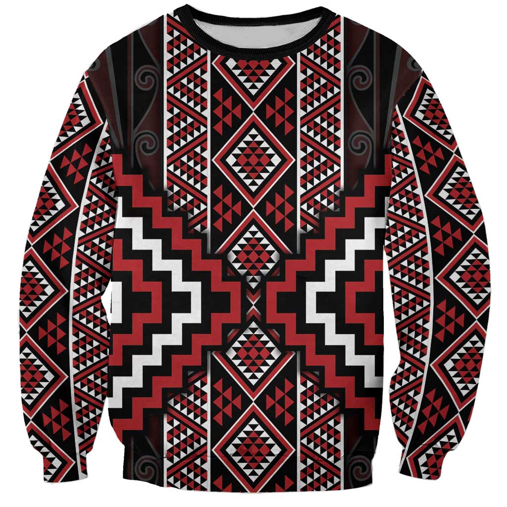 Red Tukutuku Pattern Aotearoa Sweatshirt Niho Taniwha and Puhoro Motifs