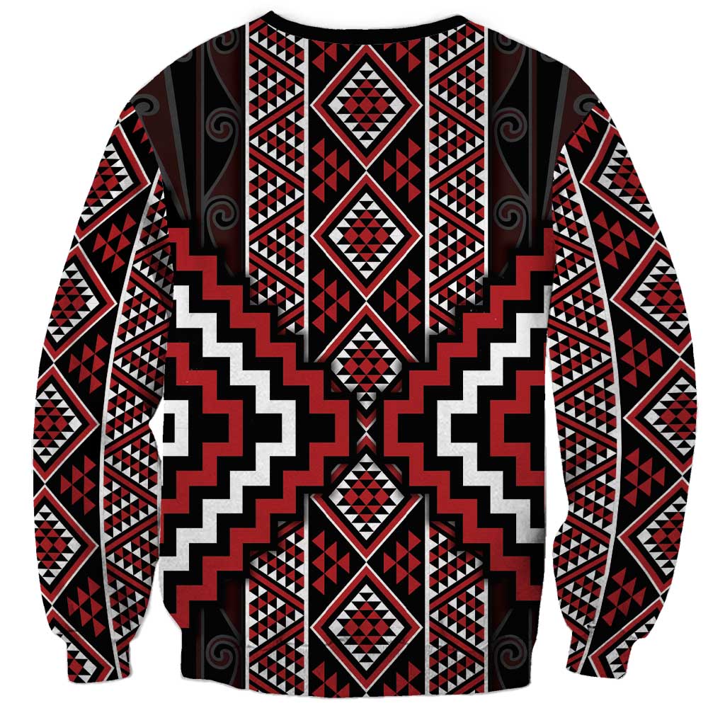 Red Tukutuku Pattern Aotearoa Sweatshirt Niho Taniwha and Puhoro Motifs