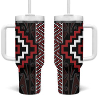 Red Tukutuku Pattern Aotearoa Tumbler With Handle Niho Taniwha and Puhoro Motifs