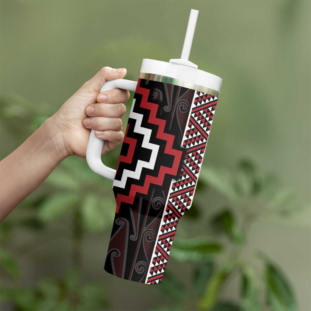 Red Tukutuku Pattern Aotearoa Tumbler With Handle Niho Taniwha and Puhoro Motifs