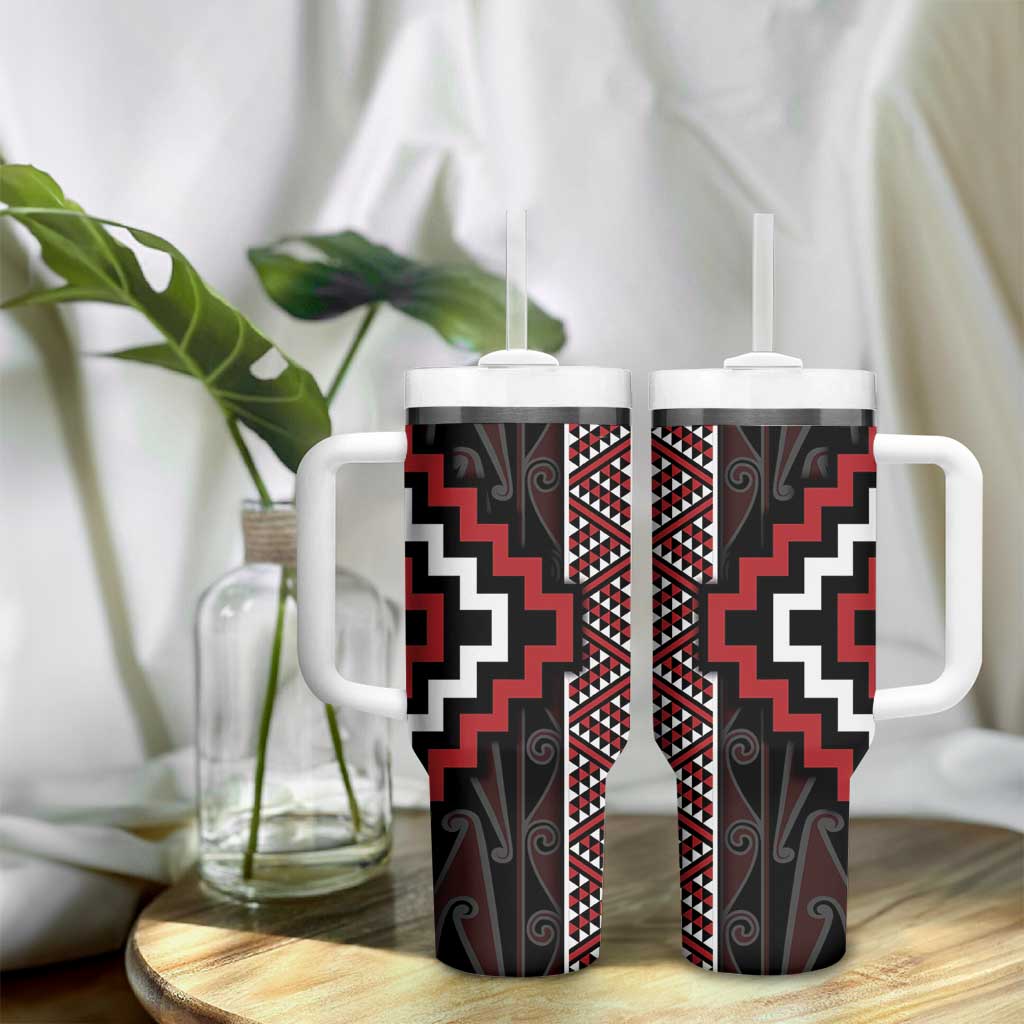 Red Tukutuku Pattern Aotearoa Tumbler With Handle Niho Taniwha and Puhoro Motifs