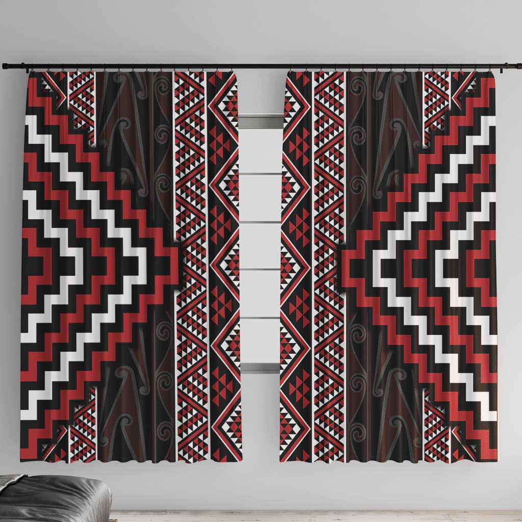 Red Tukutuku Pattern Aotearoa Window Curtain Niho Taniwha and Puhoro Motifs