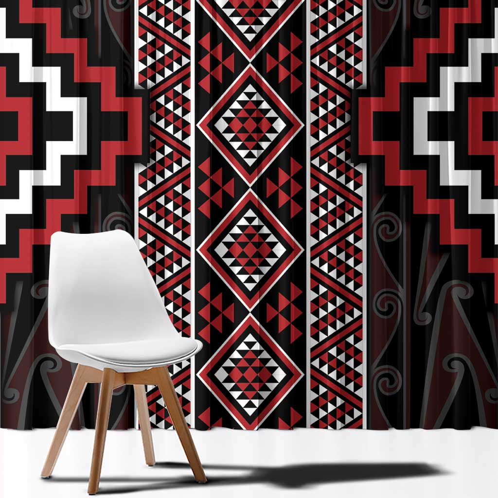 Red Tukutuku Pattern Aotearoa Window Curtain Niho Taniwha and Puhoro Motifs