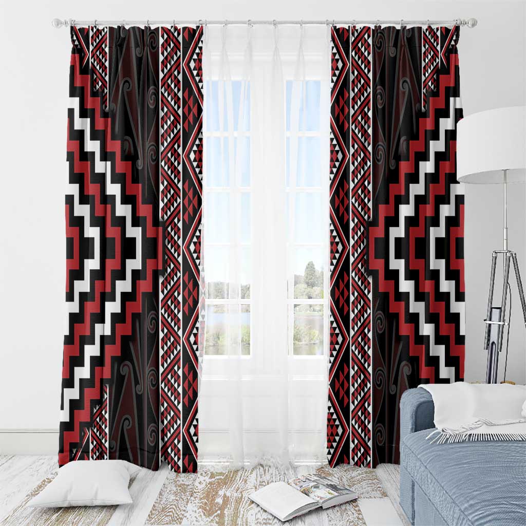 Red Tukutuku Pattern Aotearoa Window Curtain Niho Taniwha and Puhoro Motifs