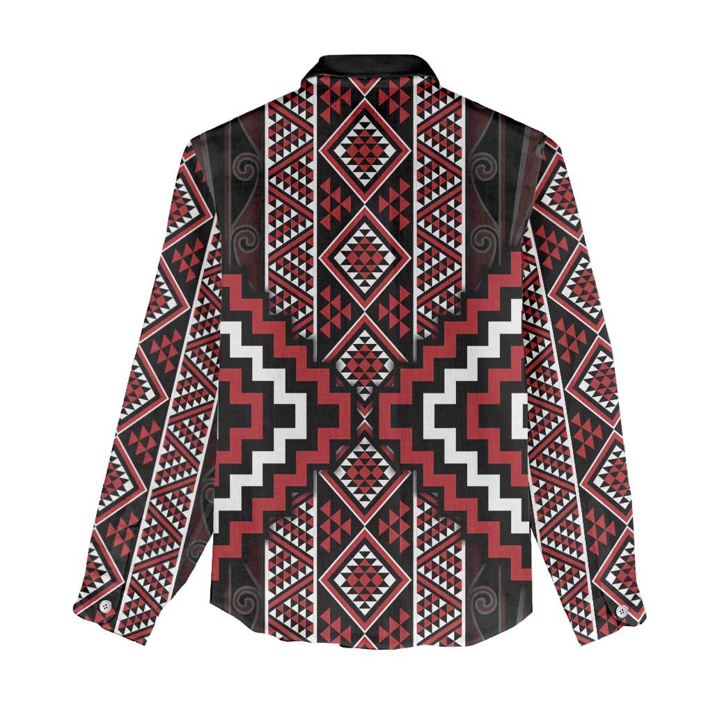 Red Tukutuku Pattern Aotearoa Women Casual Shirt Niho Taniwha and Puhoro Motifs