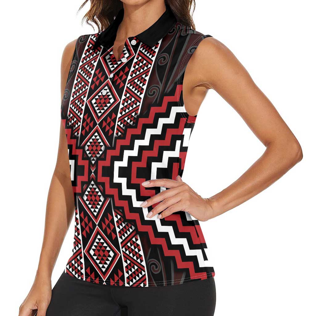 Red Tukutuku Pattern Aotearoa Women Sleeveless Polo Shirt Niho Taniwha and Puhoro Motifs