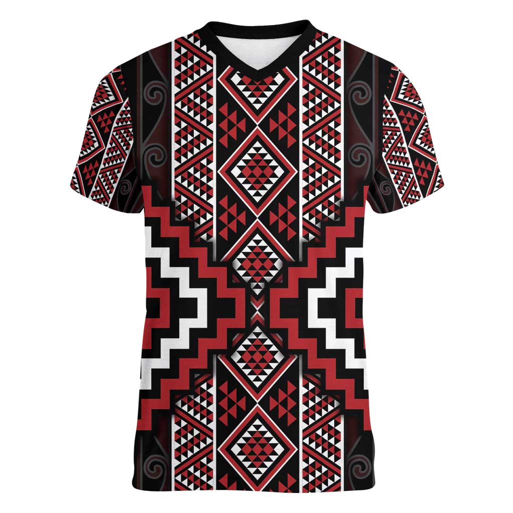 Red Tukutuku Pattern Aotearoa Women V-Neck T-Shirt Niho Taniwha and Puhoro Motifs LT7 Female Red - Polynesian Pride
