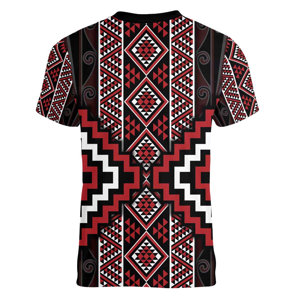 Red Tukutuku Pattern Aotearoa Women V-Neck T-Shirt Niho Taniwha and Puhoro Motifs