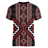 Red Tukutuku Pattern Aotearoa Women V-Neck T-Shirt Niho Taniwha and Puhoro Motifs