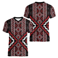 Red Tukutuku Pattern Aotearoa Women V-Neck T-Shirt Niho Taniwha and Puhoro Motifs