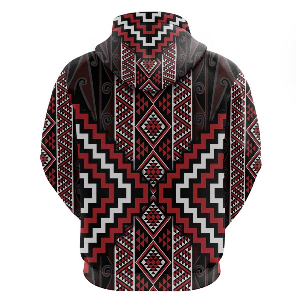 Red Tukutuku Pattern Aotearoa Zip Hoodie Niho Taniwha and Puhoro Motifs LT7 - Polynesian Pride