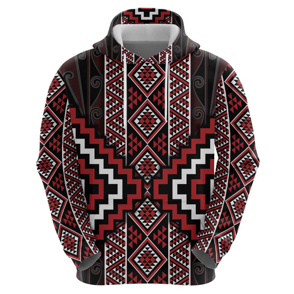 Red Tukutuku Pattern Aotearoa Zip Hoodie Niho Taniwha and Puhoro Motifs LT7 - Polynesian Pride