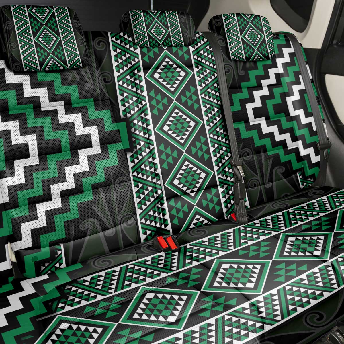 Jade Tukutuku Pattern Aotearoa Back Car Seat Cover Niho Taniwha and Puhoro Motifs