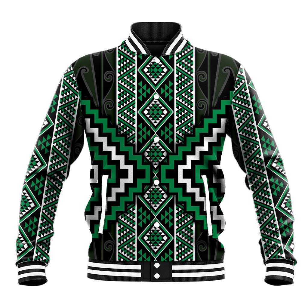 Jade Tukutuku Pattern Aotearoa Baseball Jacket Niho Taniwha and Puhoro Motifs LT7 Unisex Green - Polynesian Pride