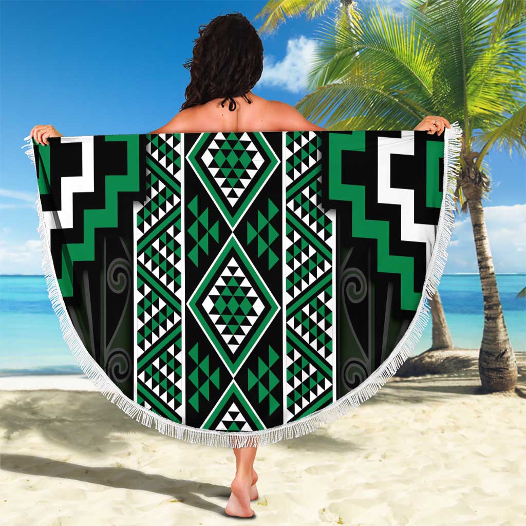Jade Tukutuku Pattern Aotearoa Beach Blanket Niho Taniwha and Puhoro Motifs