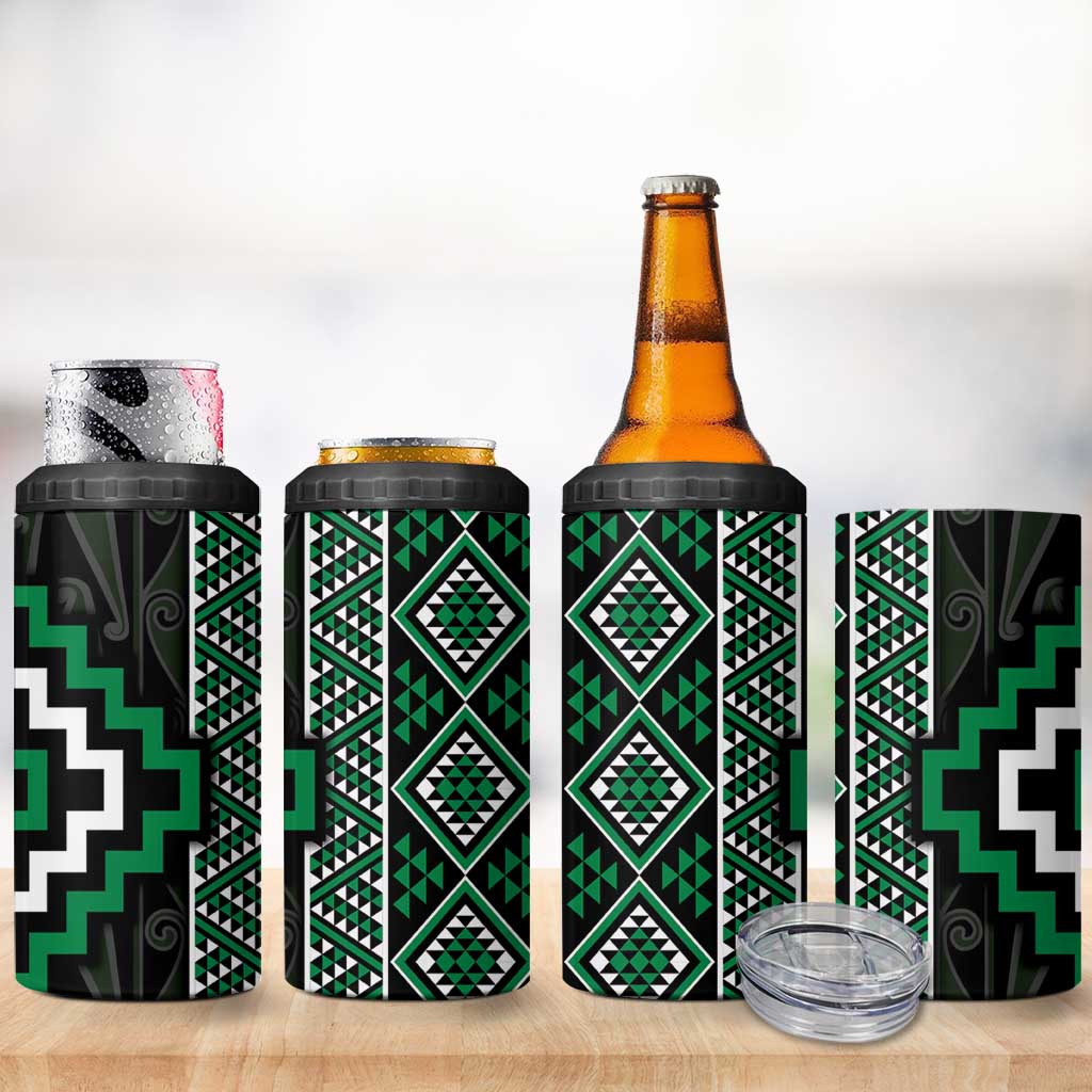 Jade Tukutuku Pattern Aotearoa 4 in 1 Can Cooler Tumbler Niho Taniwha and Puhoro Motifs