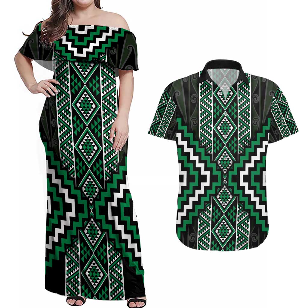 Jade Tukutuku Pattern Aotearoa Couples Matching Off Shoulder Maxi Dress and Hawaiian Shirt Niho Taniwha and Puhoro Motifs