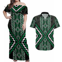 Jade Tukutuku Pattern Aotearoa Couples Matching Off Shoulder Maxi Dress and Hawaiian Shirt Niho Taniwha and Puhoro Motifs