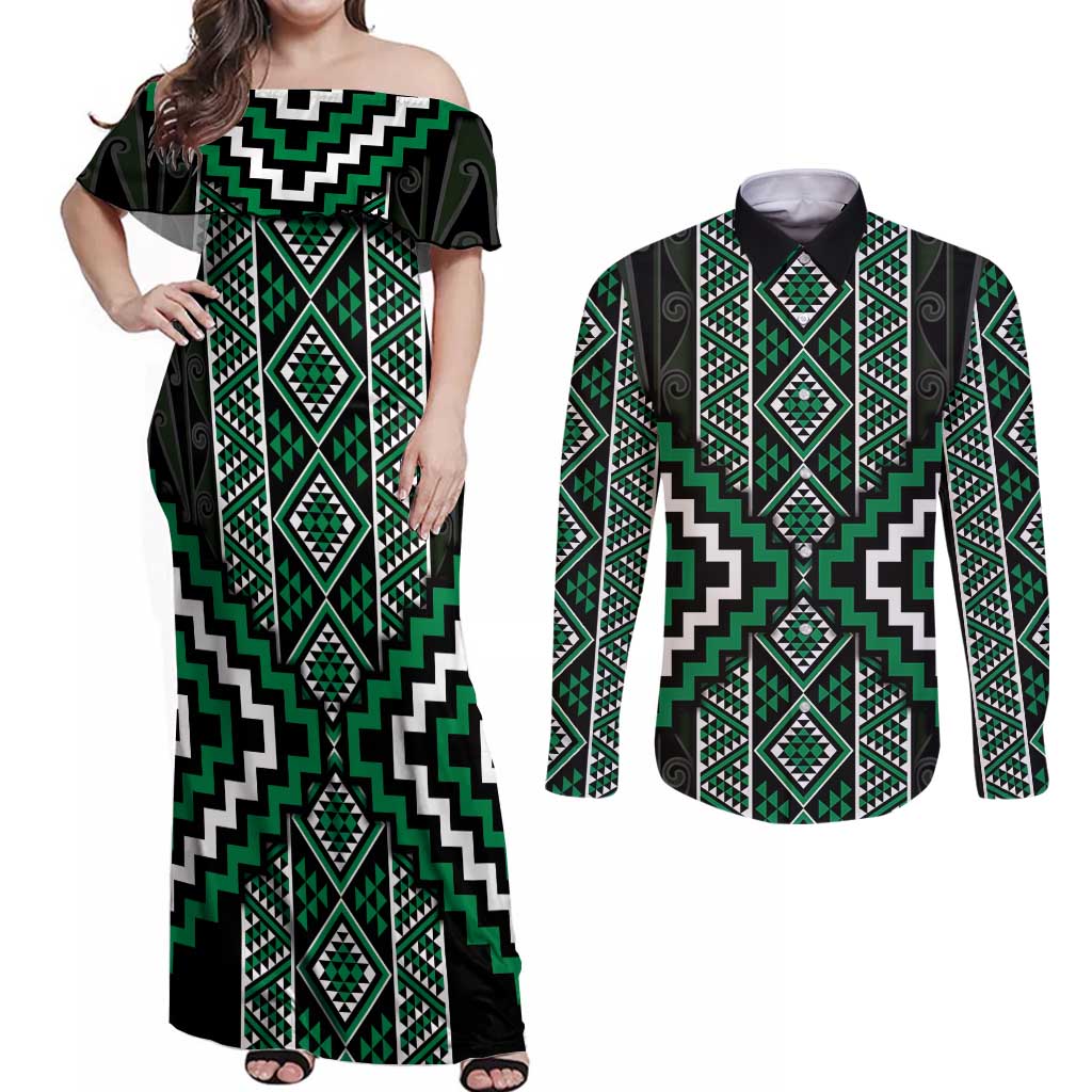 Jade Tukutuku Pattern Aotearoa Couples Matching Off Shoulder Maxi Dress and Long Sleeve Button Shirt Niho Taniwha and Puhoro Motifs LT7 Green - Polynesian Pride