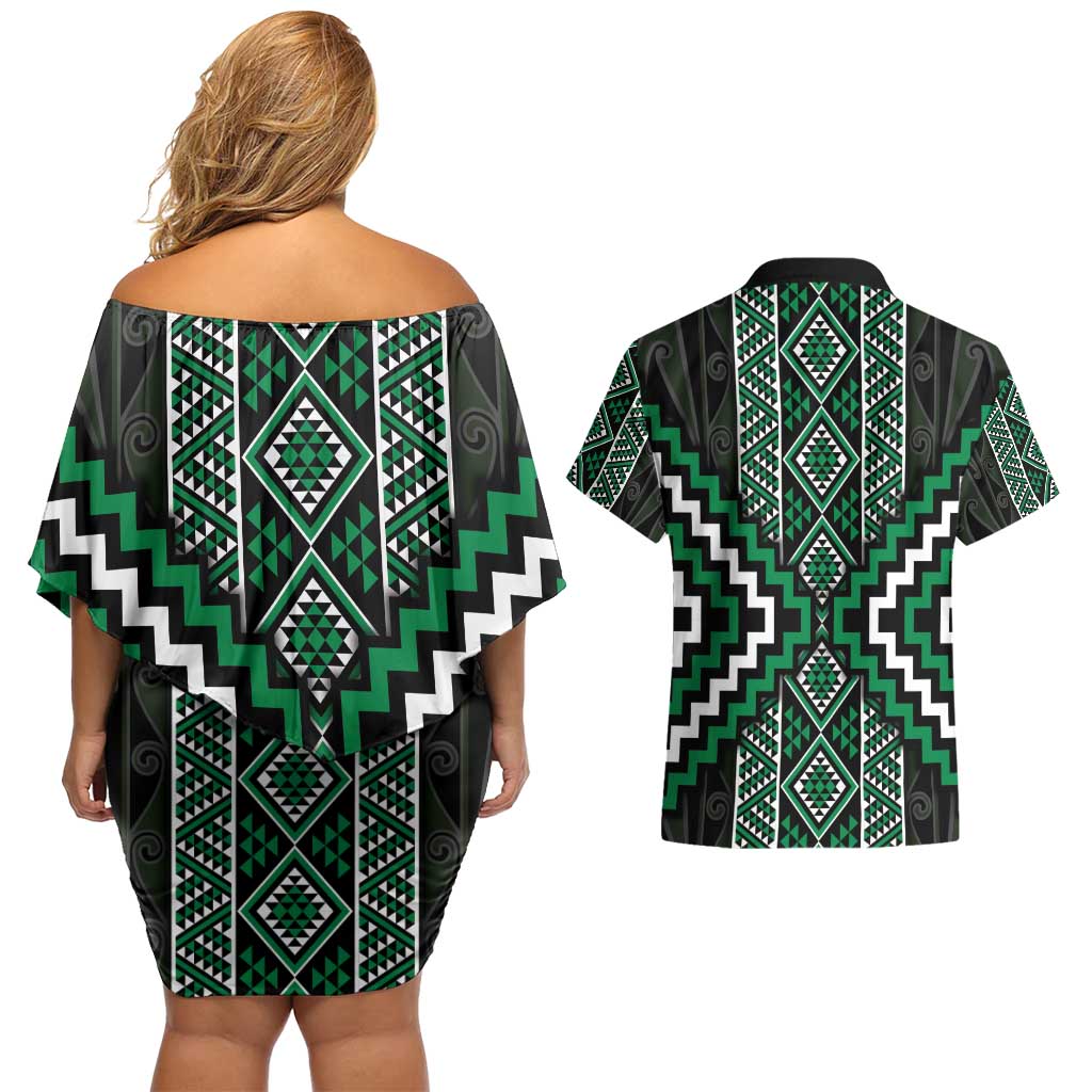 Jade Tukutuku Pattern Aotearoa Couples Matching Off Shoulder Short Dress and Hawaiian Shirt Niho Taniwha and Puhoro Motifs