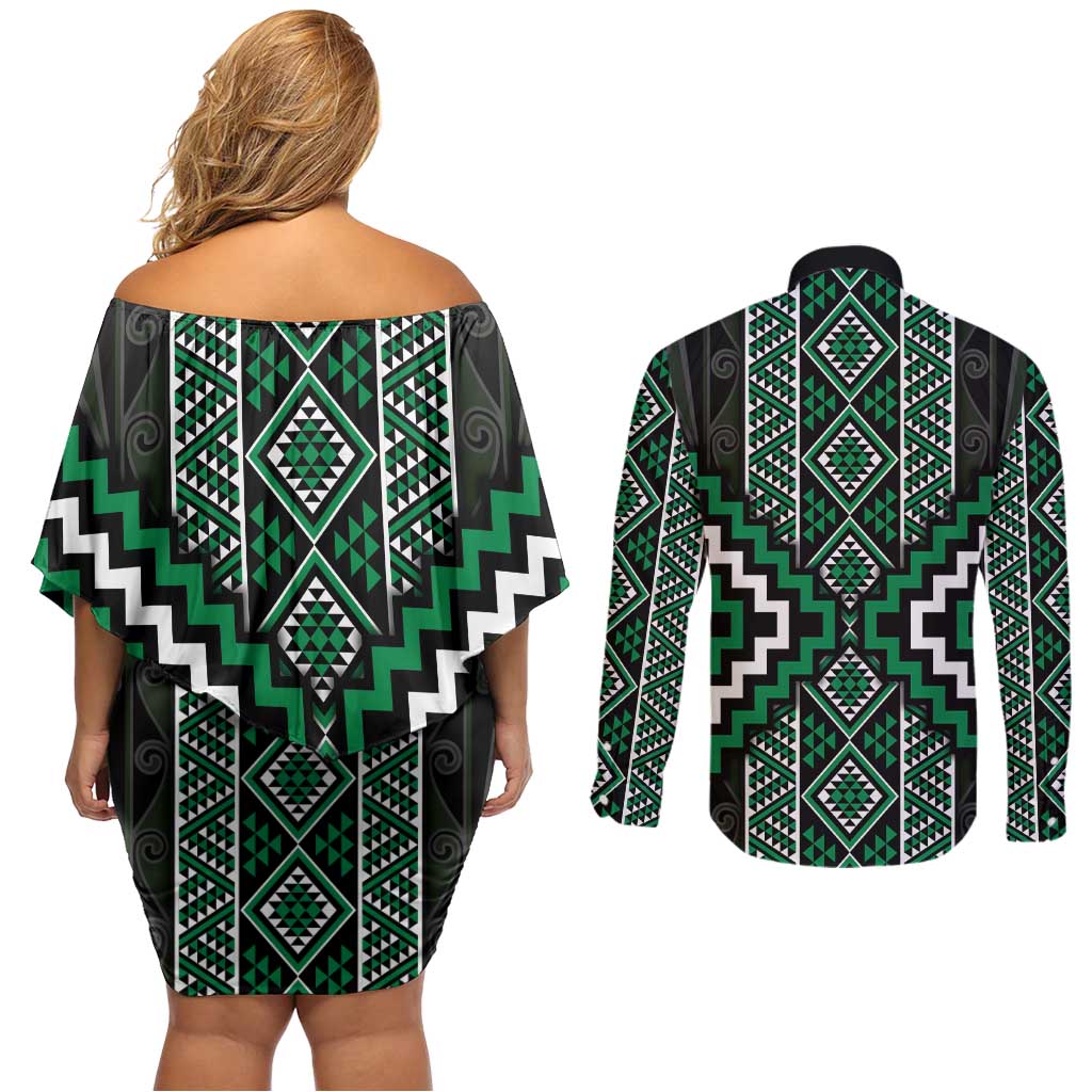Jade Tukutuku Pattern Aotearoa Couples Matching Off Shoulder Short Dress and Long Sleeve Button Shirt Niho Taniwha and Puhoro Motifs LT7 - Polynesian Pride