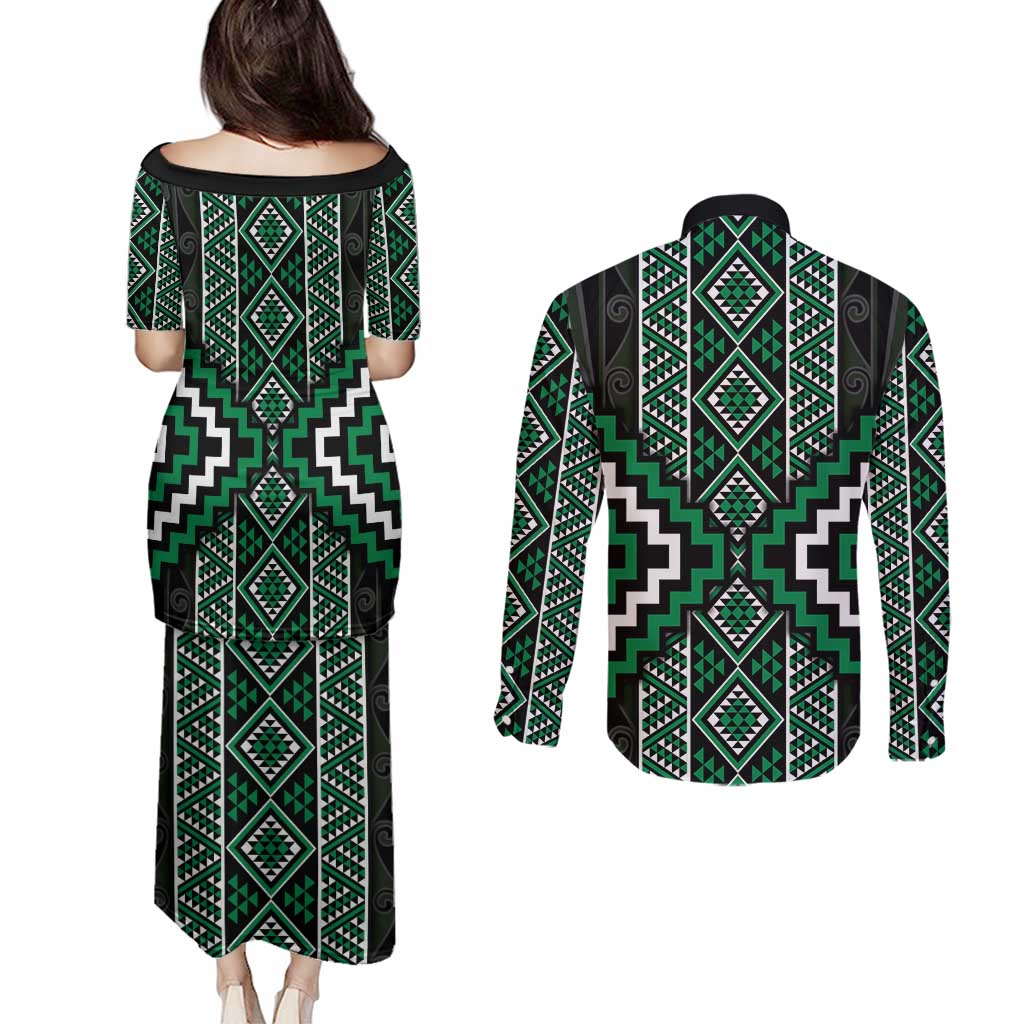 Jade Tukutuku Pattern Aotearoa Couples Matching Puletasi and Long Sleeve Button Shirt Niho Taniwha and Puhoro Motifs LT7 - Polynesian Pride