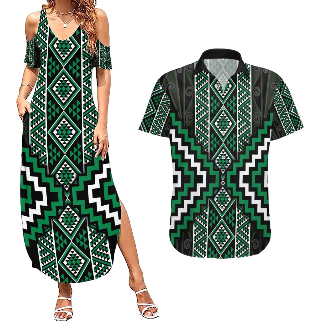 Jade Tukutuku Pattern Aotearoa Couples Matching Summer Maxi Dress and Hawaiian Shirt Niho Taniwha and Puhoro Motifs