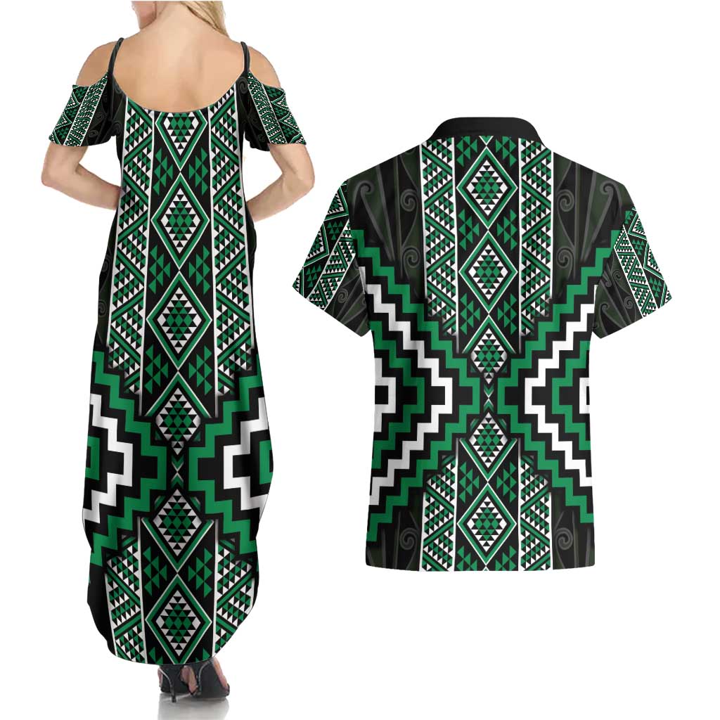 Jade Tukutuku Pattern Aotearoa Couples Matching Summer Maxi Dress and Hawaiian Shirt Niho Taniwha and Puhoro Motifs